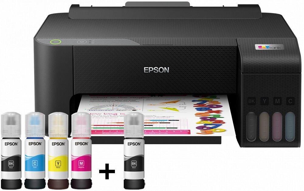 Drukarka Epson EcoTank L1210 widok na drukarkę od frontu i dołączone butelki z atramentem