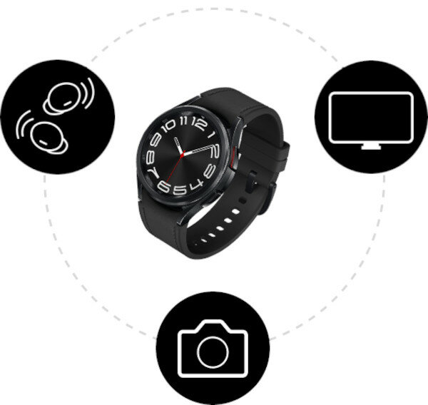 Smartwatch Samsung Galaxy Watch 6 Classic BT 47mm R960 czarny pokazany zegarek pod kątem i trzy różne ikony wokół