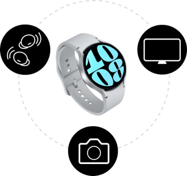 Smartwatch Samsung Galaxy Watch 6 SM-R935FZ LTE 40mm czarny pokazany frontem oraz różne ikony wokół