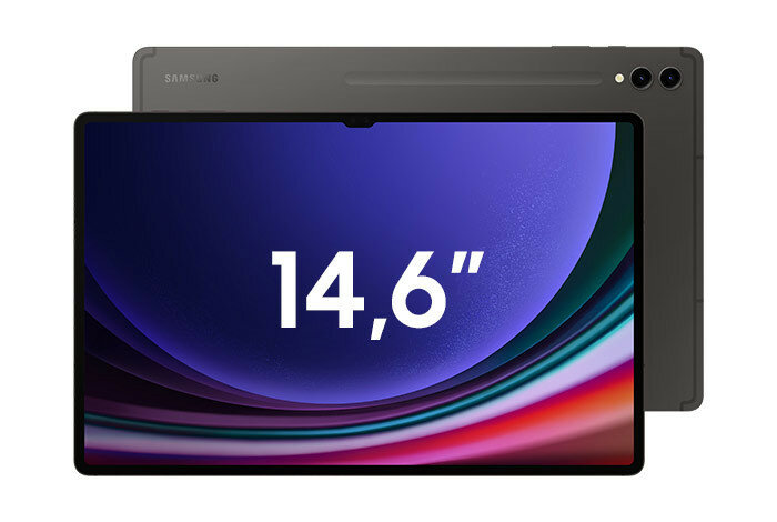 Tablet Samsung Galaxy Tab S9 Ultra od frontu i od tyłu z informacją o przekątnej ekranu