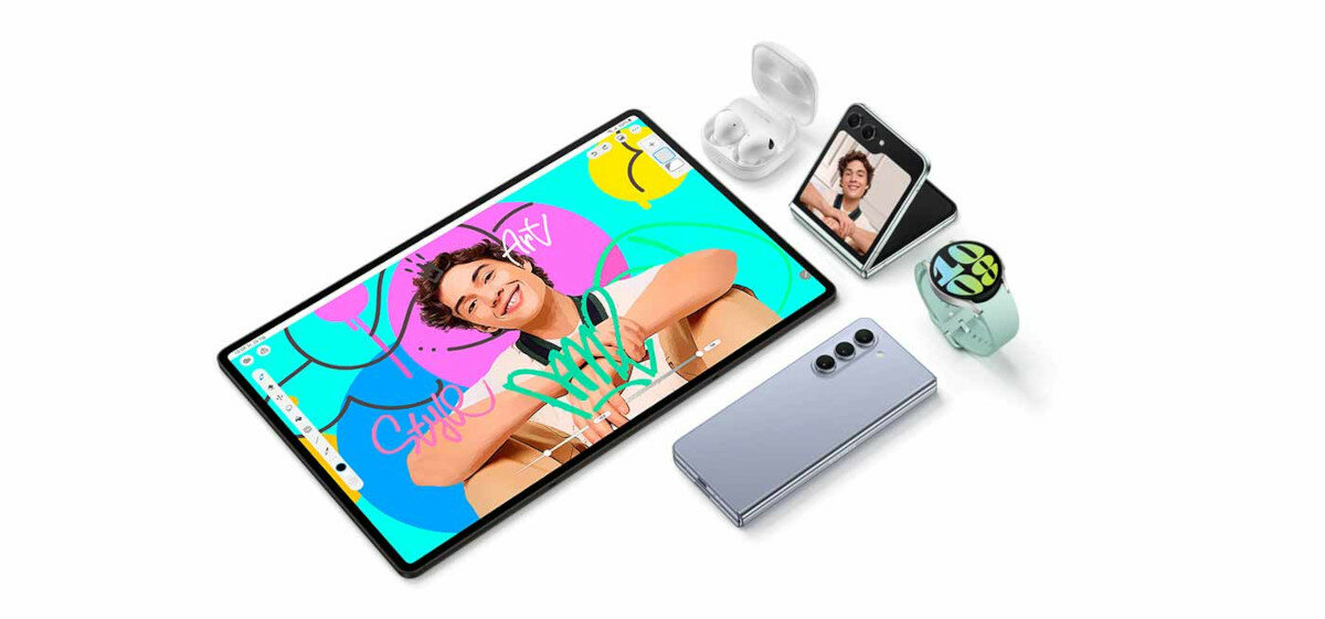 Tablet Samsung Galaxy Tab S9 grafika przedstawiająca tablet, smartfony, słuchawki oraz smartwatch marki Samsung