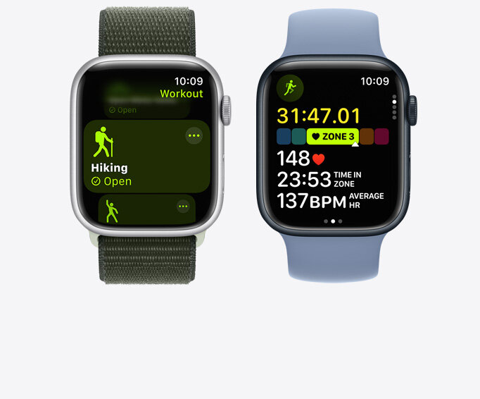 Smartwatch Apple Watch SE GPS 40mm północ aluminium S/M dwa smartwatche frontem z widocznymi funkcjami aktywności