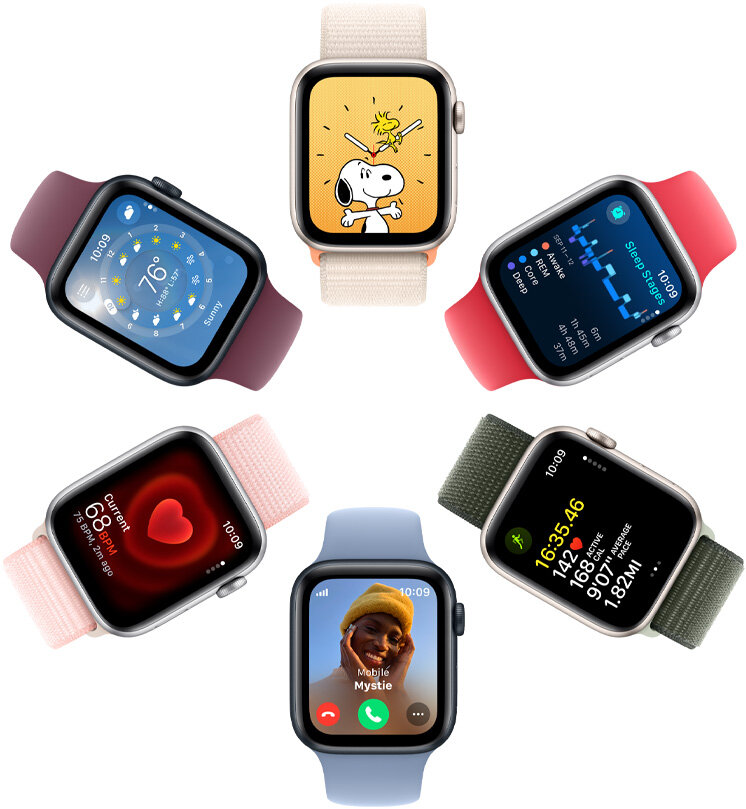 Smartwatch Apple Watch SE GPS 44mm północ aluminium M/L widoczne smartwatche od góry z różnymi wersjami kolorystycznymi pasków