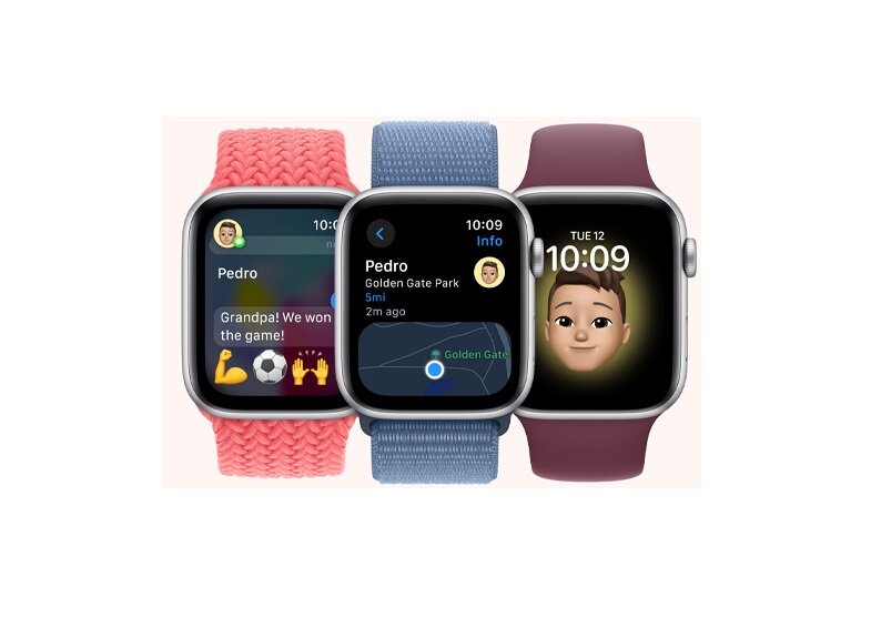 Smartwatch Apple Watch SE GPS + Cellular 44mm srebrny aluminium S/M widoczne trzy smartwatche z różnymi paskami frontem