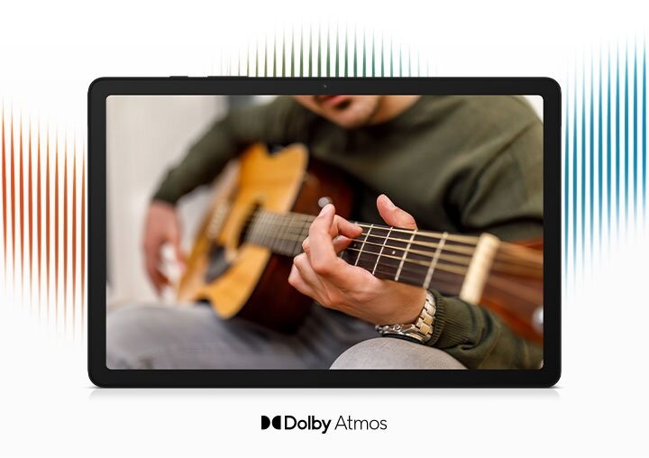 Tablet Samsung Galaxy Tab A9 X110 WiFi 4GB/64GB 8,7'' szary widok na tablet od frontu z wizualizacją rozprzestrzeniania się dźwięku