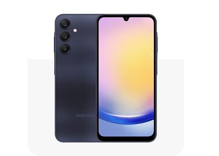 Smartfon Samsung Galaxy A25 5G grafika przedstawia smartfon od przodu i od tyłu