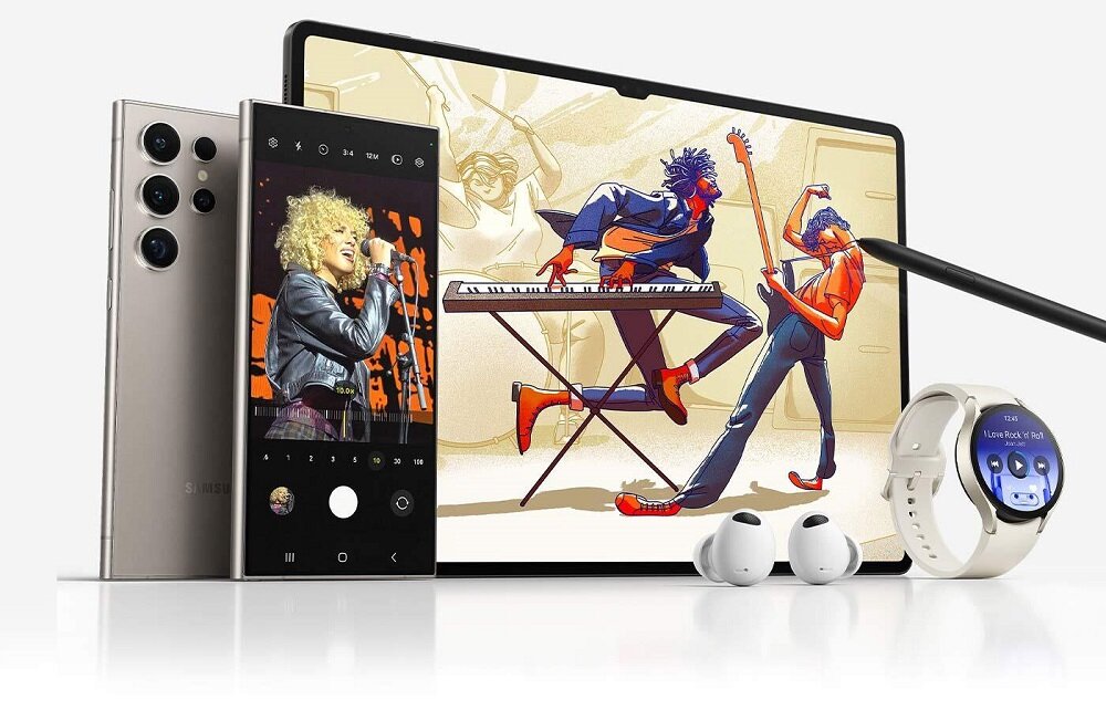 Smartfon Samsung Galaxy S24 Ultra grafika przedstawia smartfon tablet oraz akcesoria